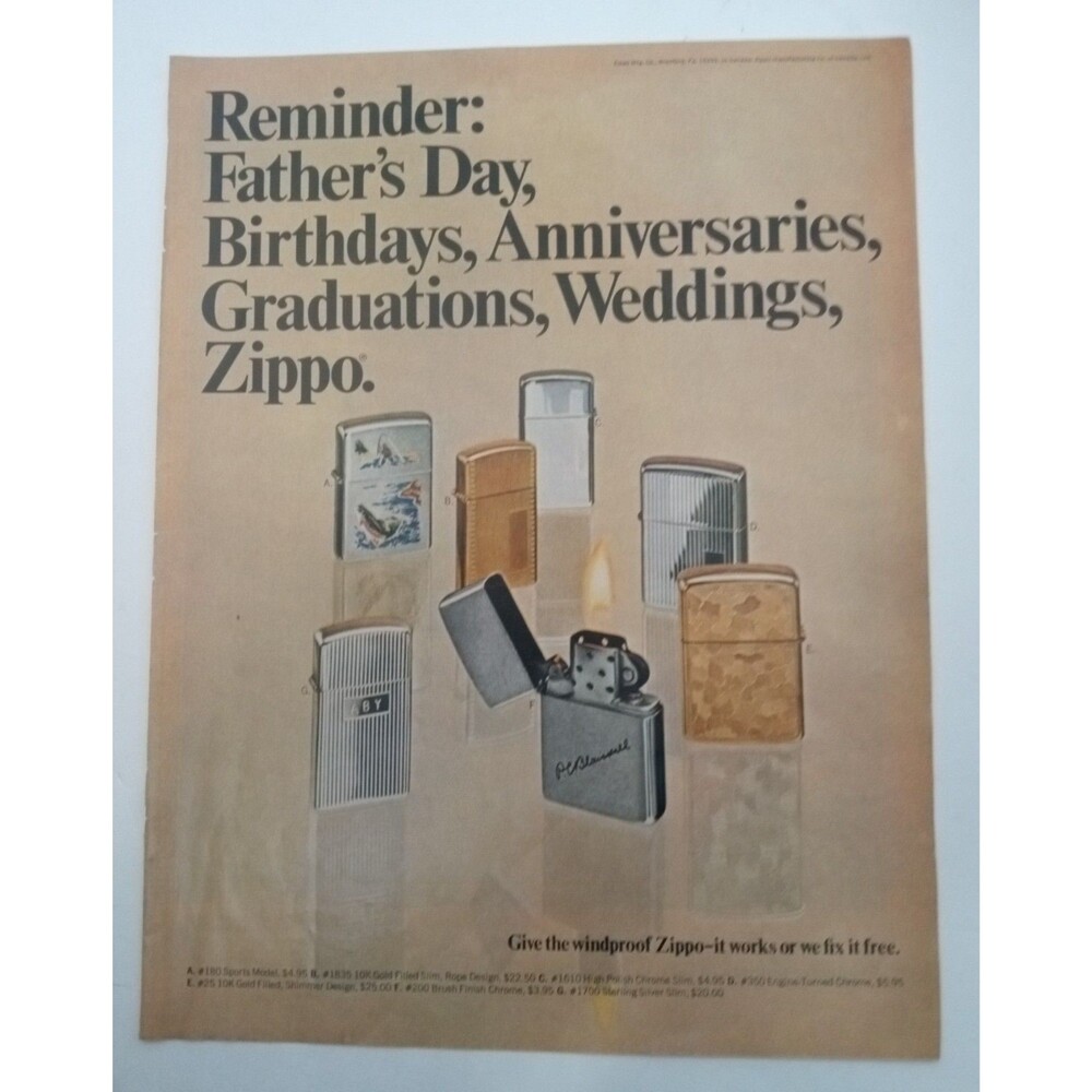 1969 Zippo Lighter Print Ad, Variety Of Zippo Lighters Magazine Advertisement - Picture 1 of 1